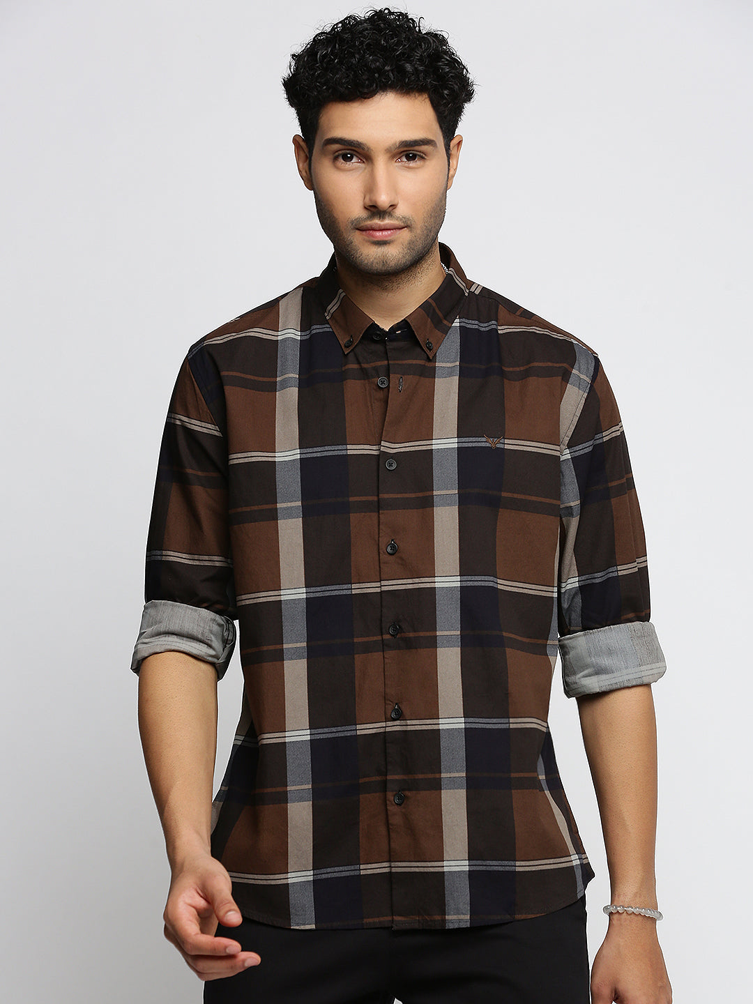 Men Brown Spread Collar Tartan Checks Shirt