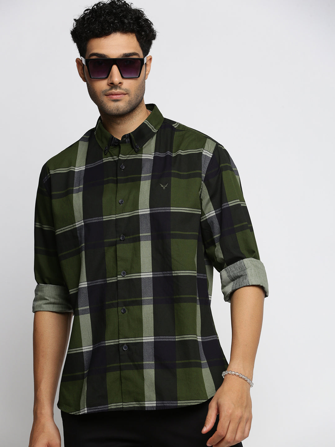 Men Olive Spread Collar Tartan Checks Shirt