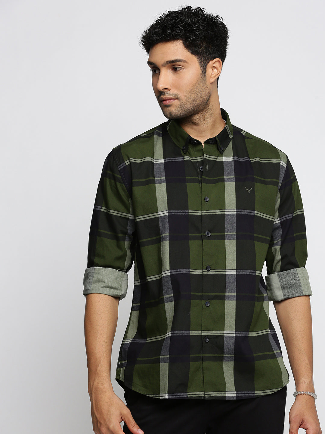 Men Olive Spread Collar Tartan Checks Shirt