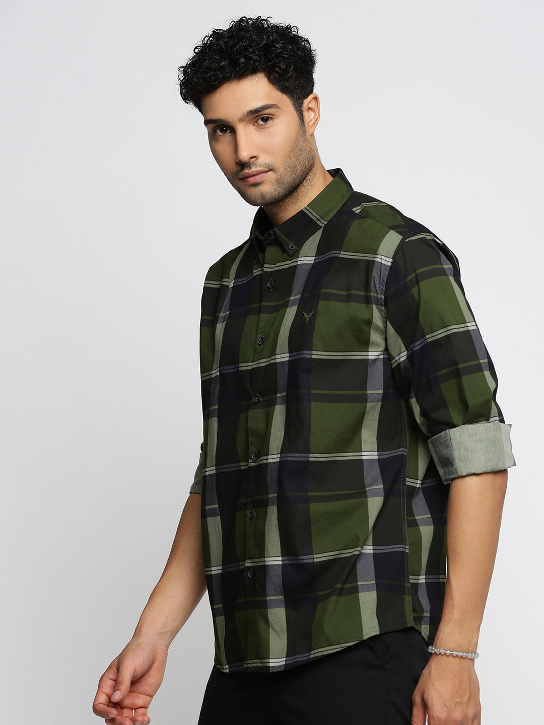 Men Olive Spread Collar Tartan Checks Shirt