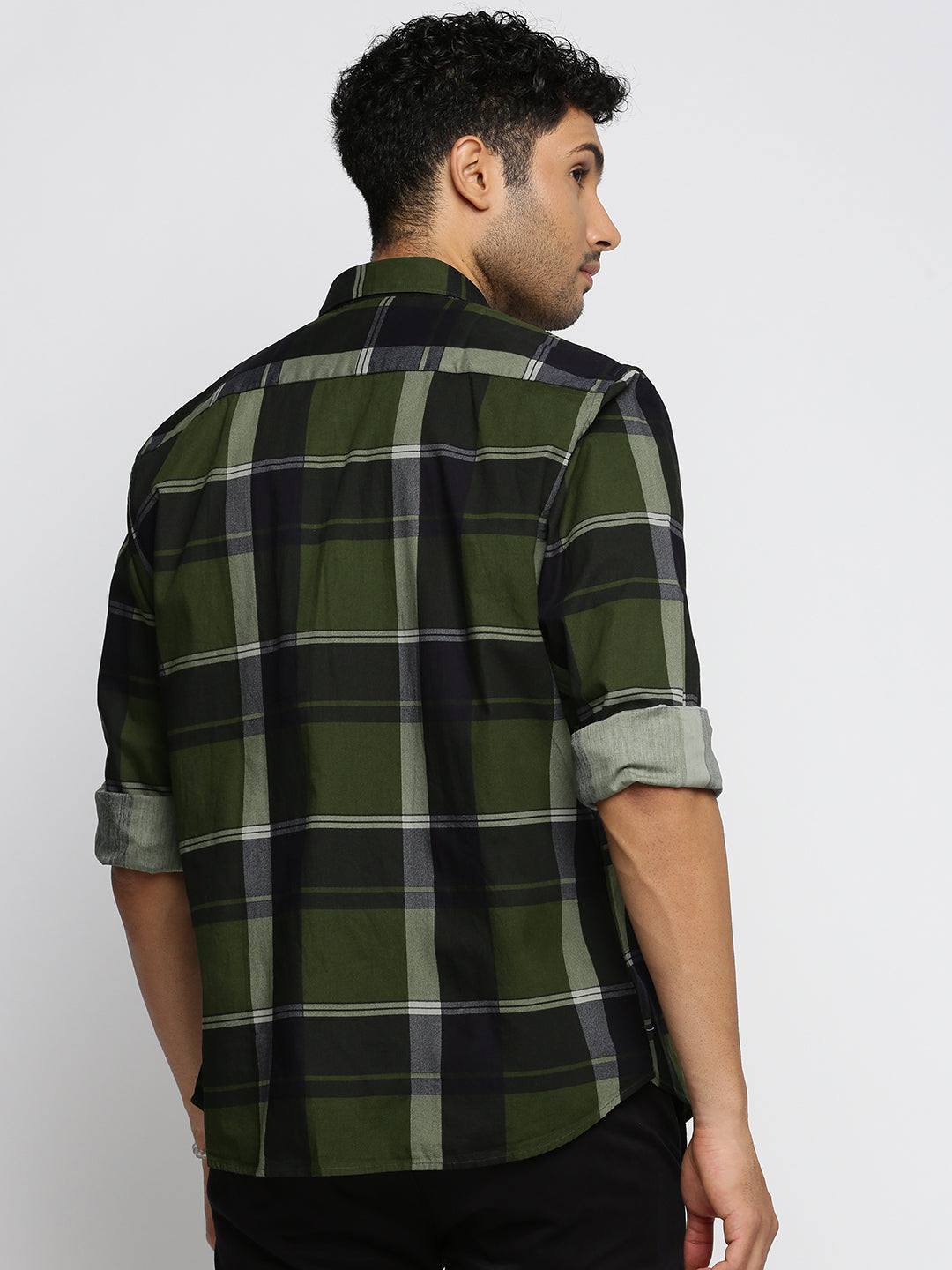 Men Olive Spread Collar Tartan Checks Shirt