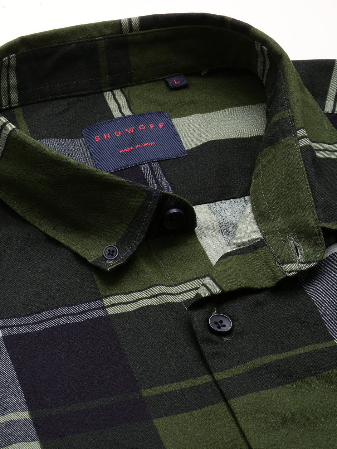 Men Olive Spread Collar Tartan Checks Shirt