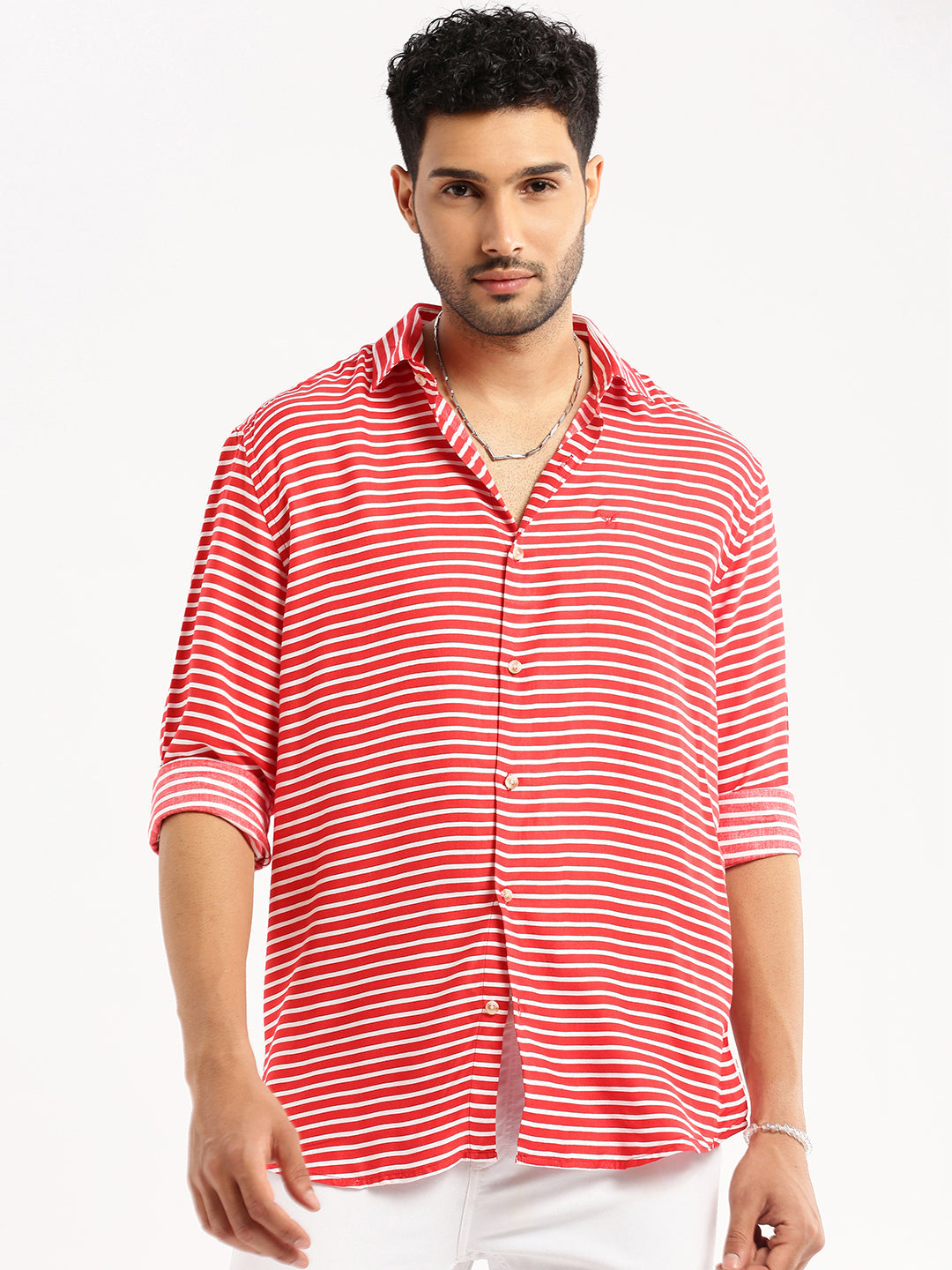 Men Red Spread Collar Horizontal Stripes Shirt