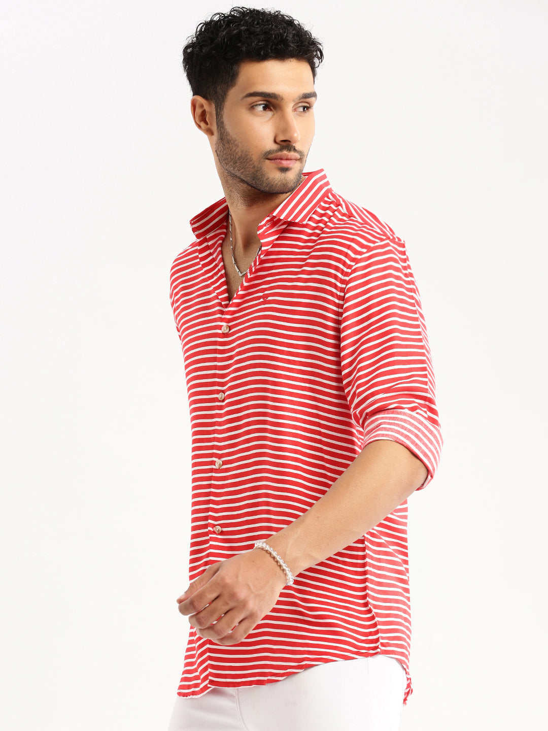 Men Red Spread Collar Horizontal Stripes Shirt