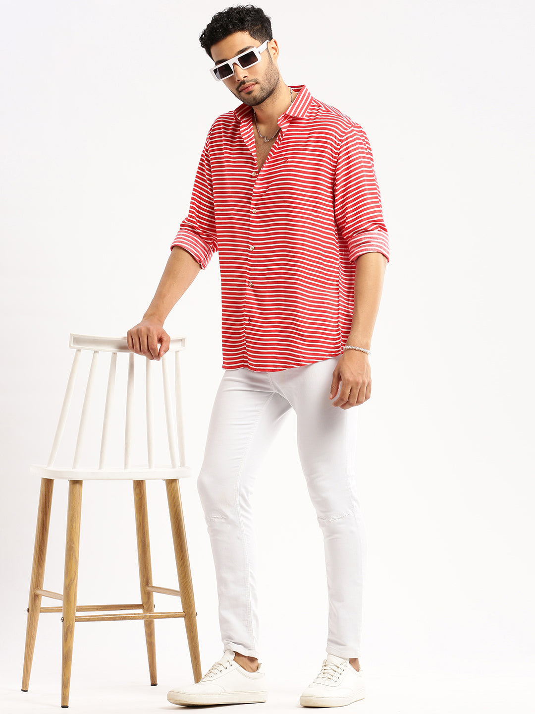 Men Red Spread Collar Horizontal Stripes Shirt