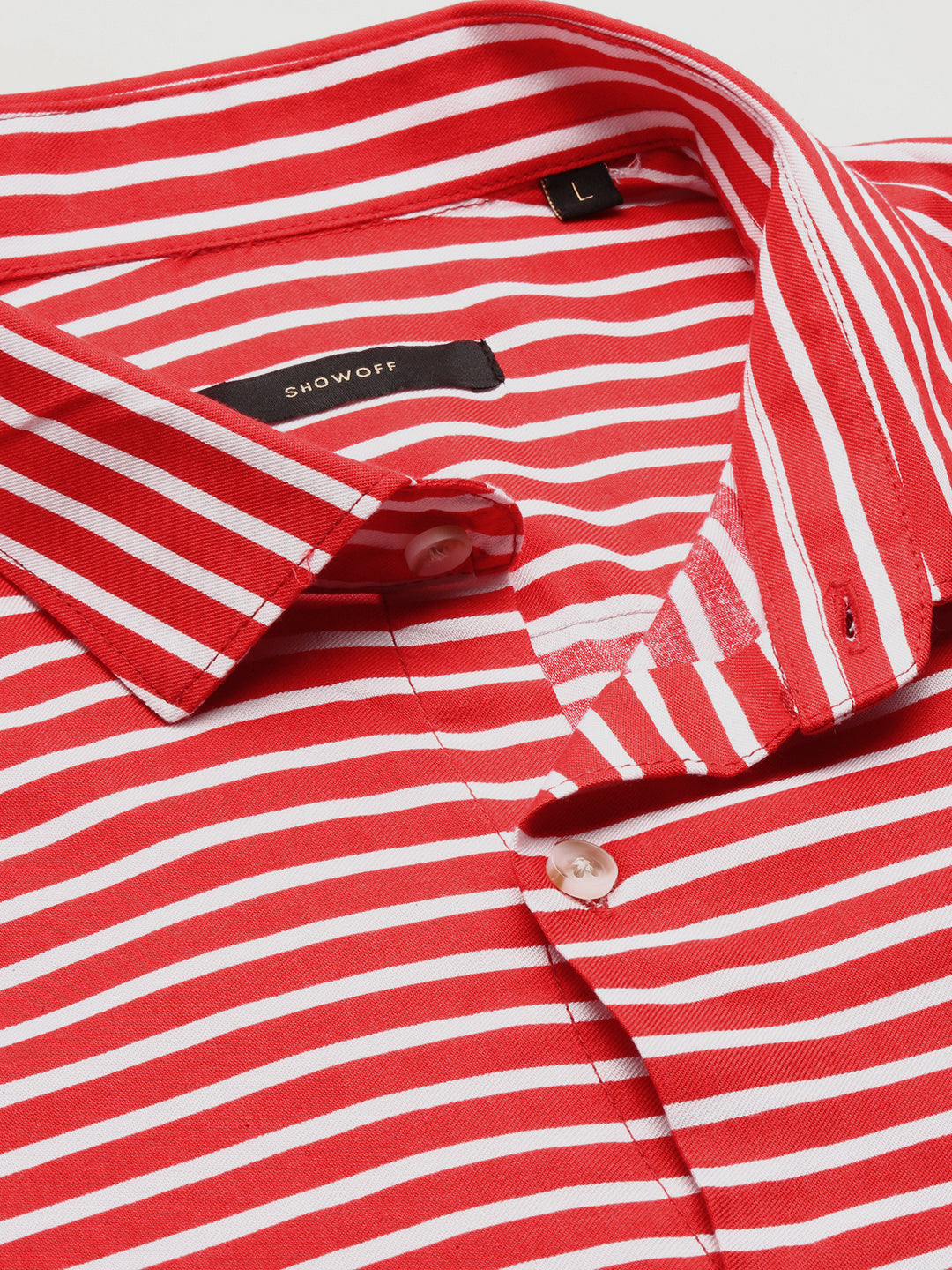 Men Red Spread Collar Horizontal Stripes Shirt