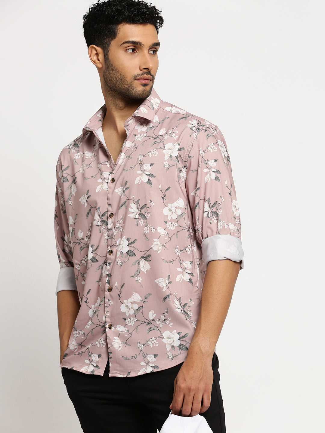 Men Peach Spread Collar Floral Shirt