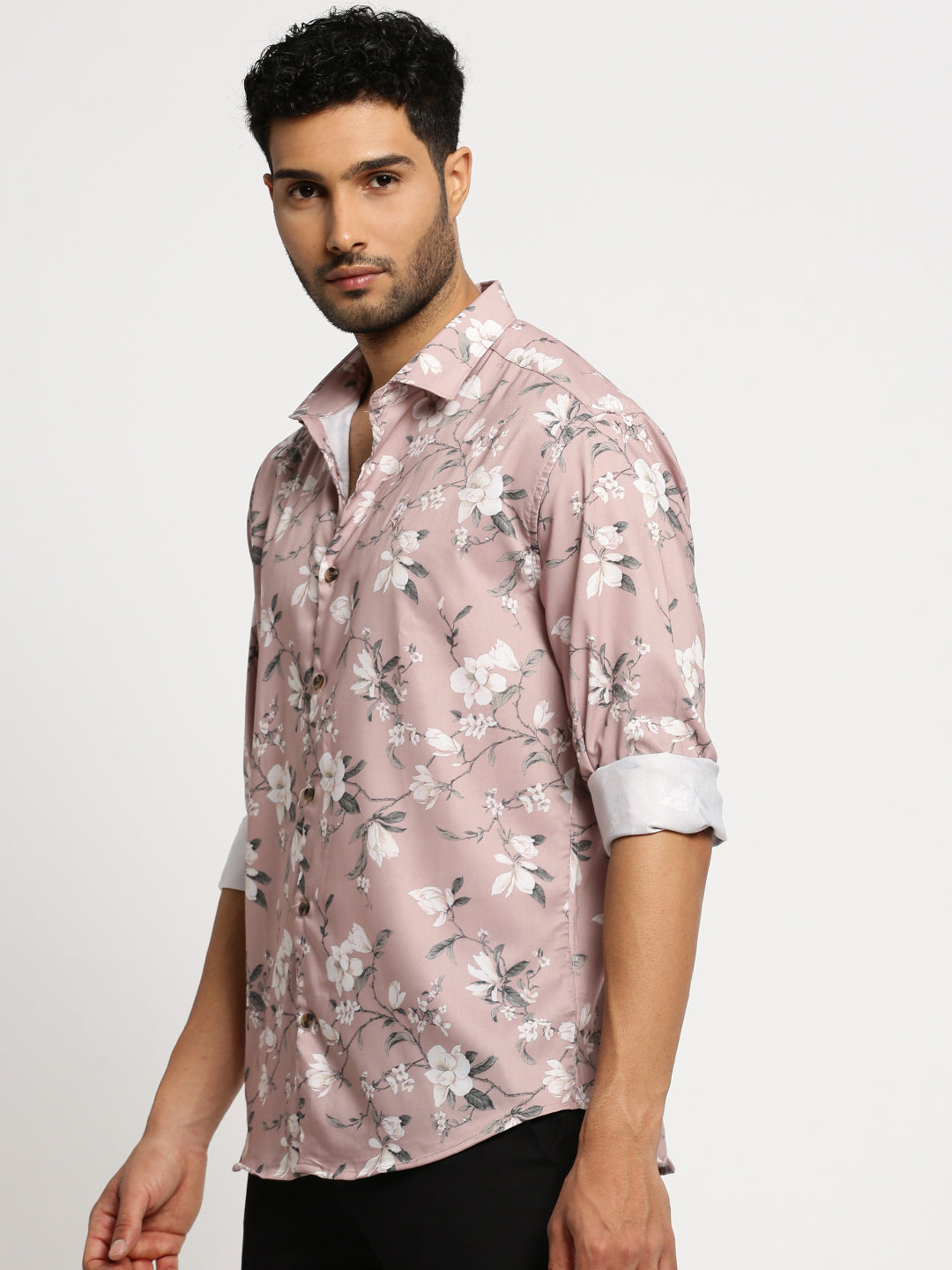 Men Peach Spread Collar Floral Shirt