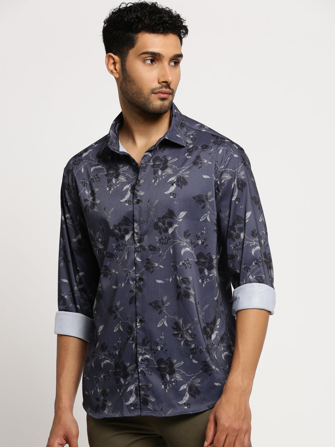 Men Grey Spread Collar Floral Shirt