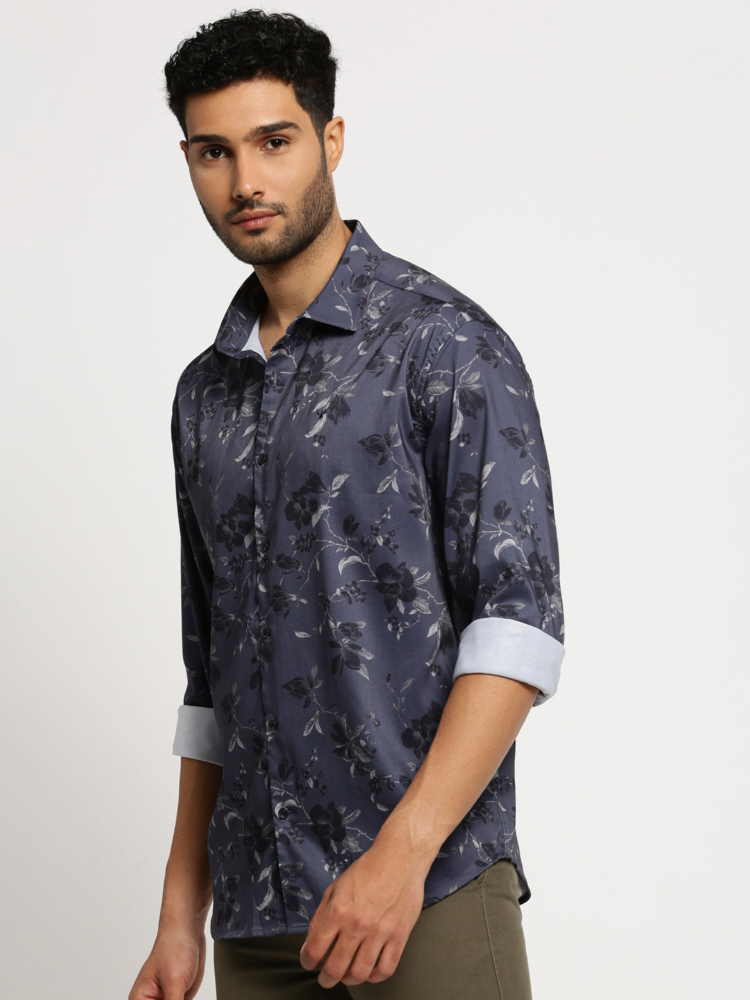 Men Grey Spread Collar Floral Shirt