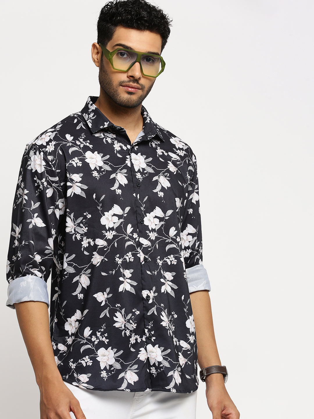 Men Black Spread Collar Floral Shirt