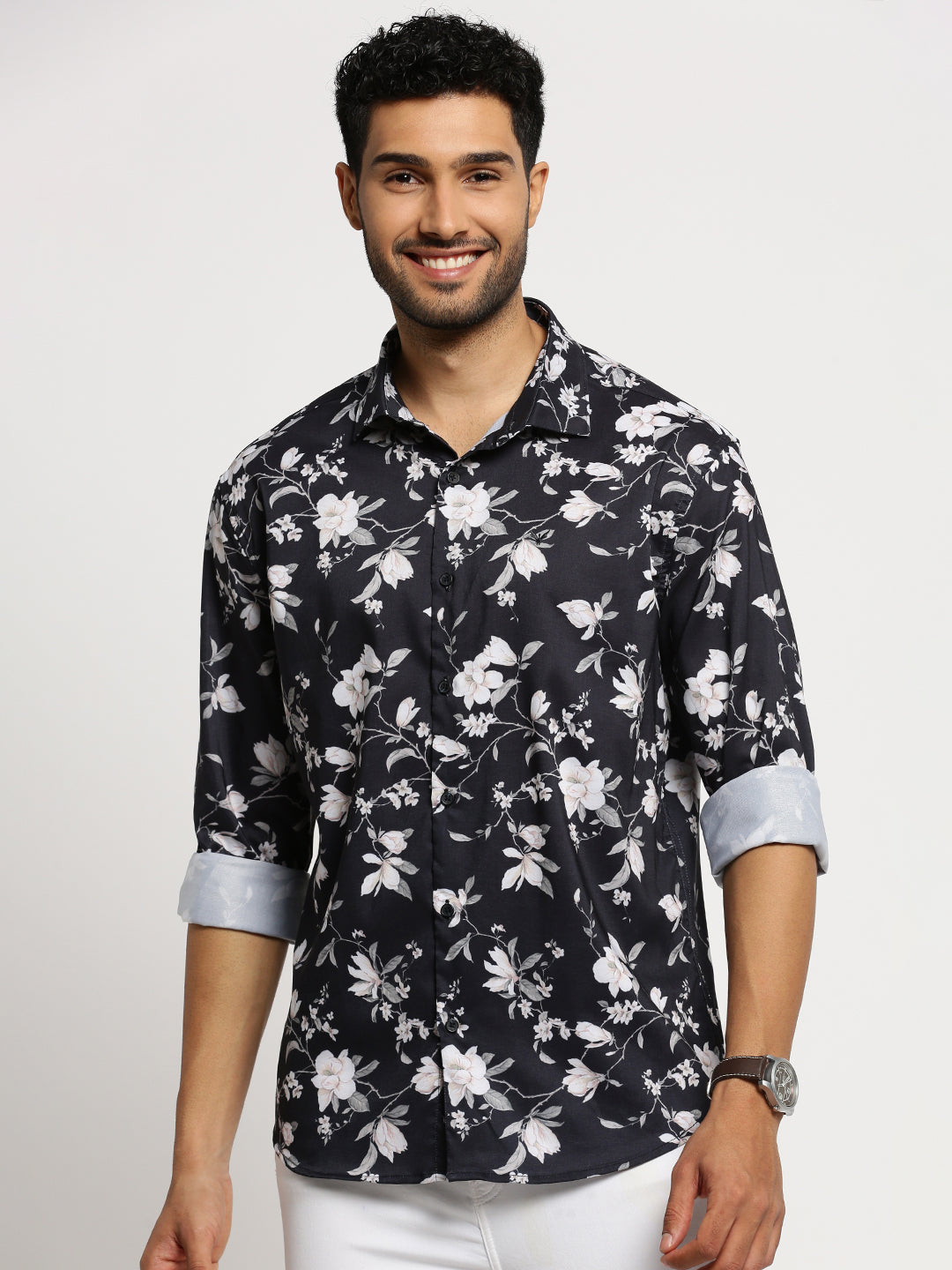 Men Black Spread Collar Floral Shirt