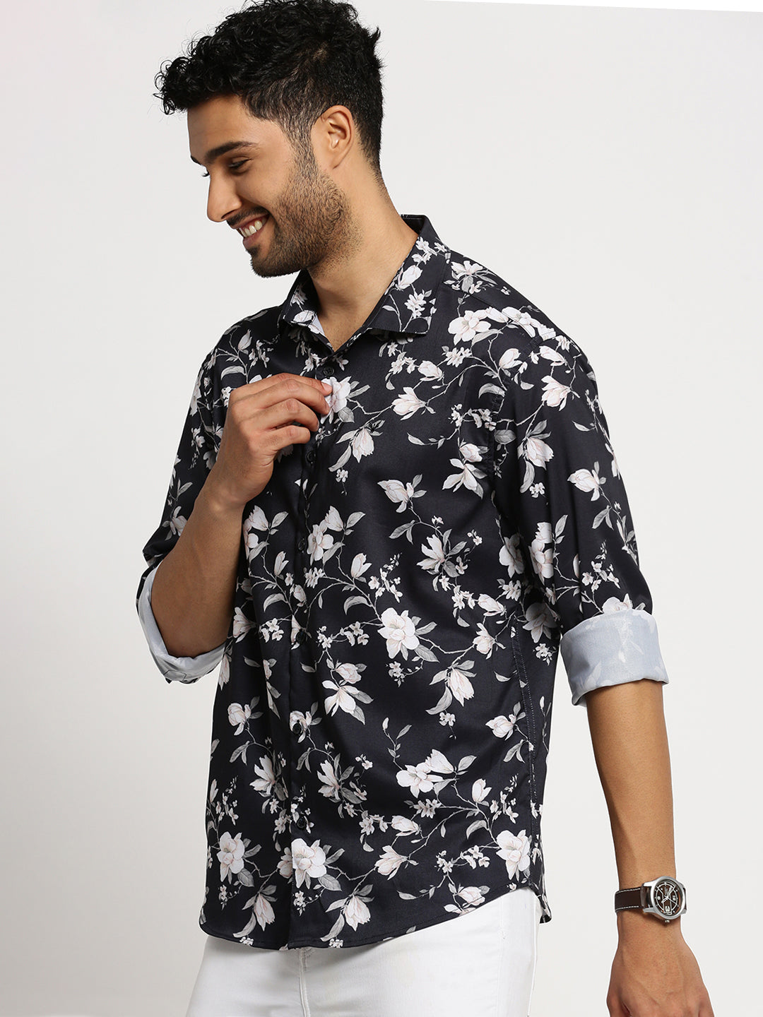 Men Black Spread Collar Floral Shirt