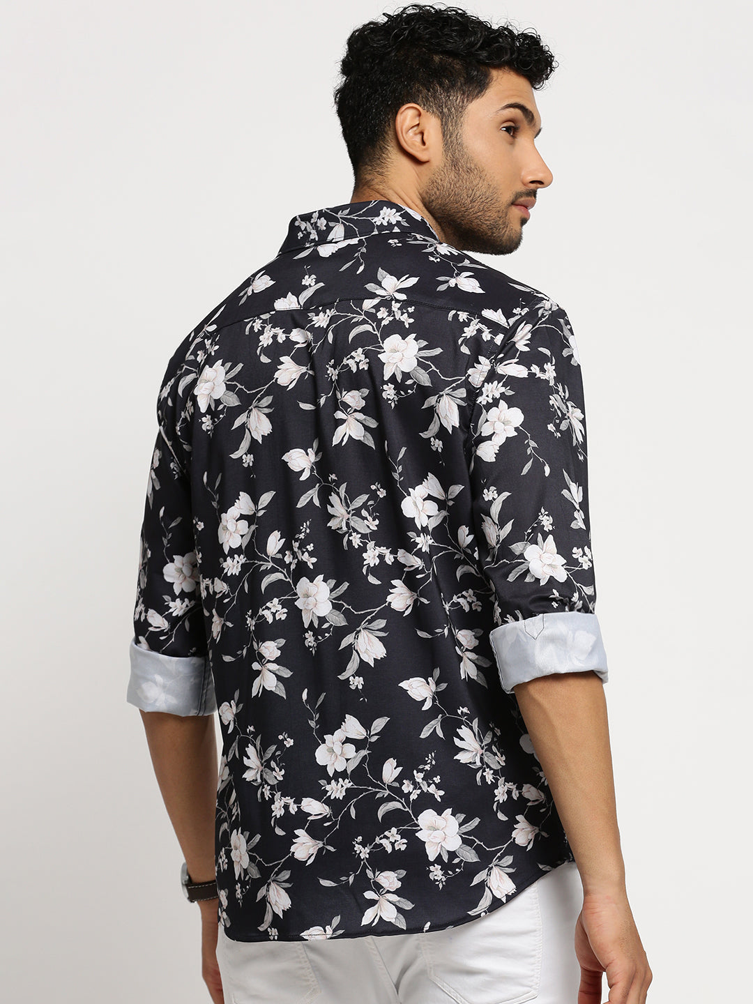 Men Black Spread Collar Floral Shirt