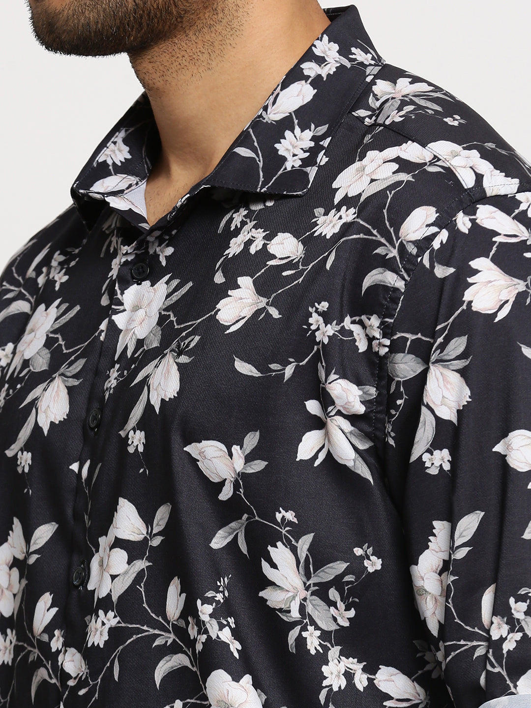 Men Black Spread Collar Floral Shirt