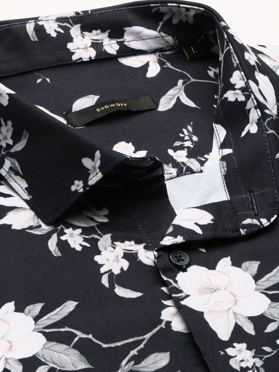 Men Black Spread Collar Floral Shirt