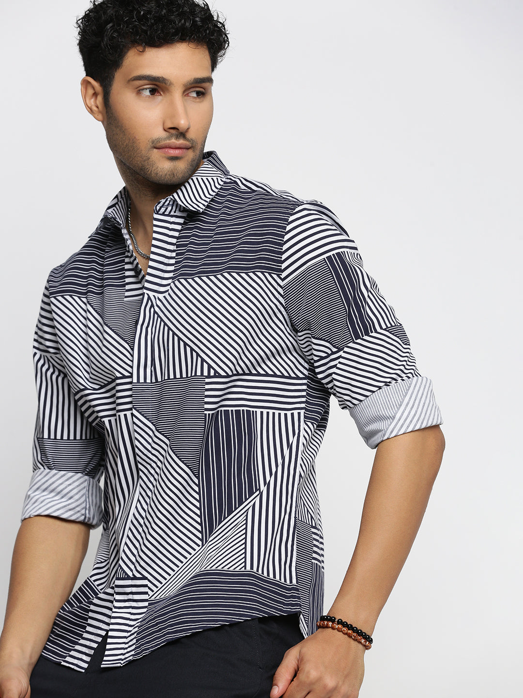 Men Blue Spread Collar Multi Stripes Shirt