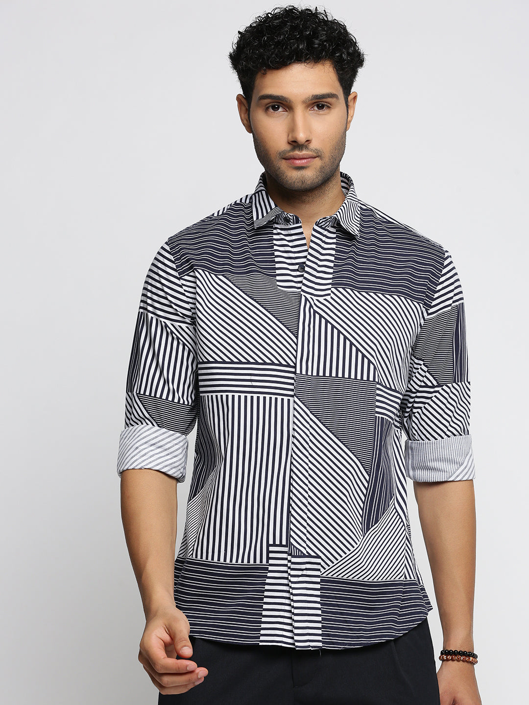 Men Blue Spread Collar Multi Stripes Shirt