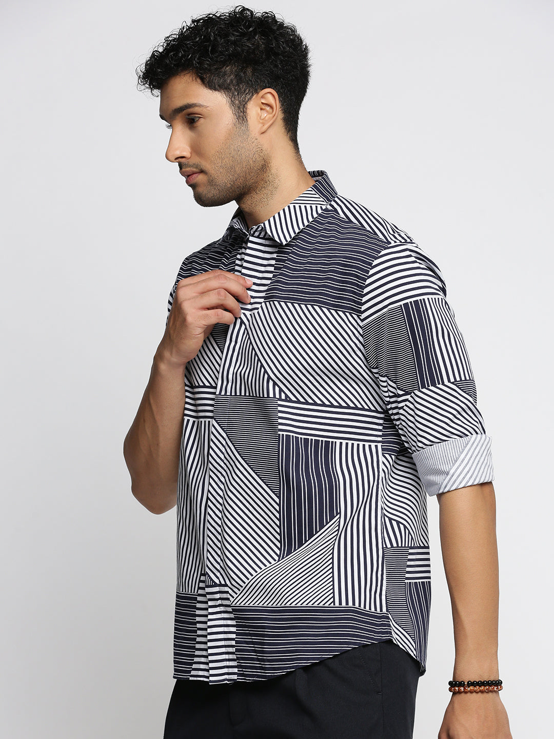 Men Blue Spread Collar Multi Stripes Shirt