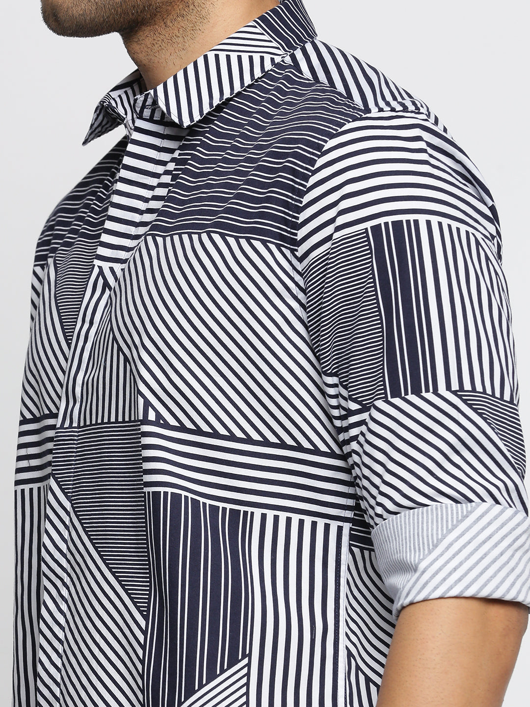 Men Blue Spread Collar Multi Stripes Shirt