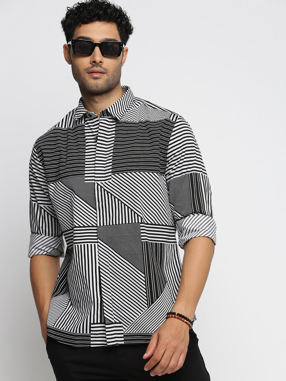 Men Black Spread Collar Multi Stripes Shirt