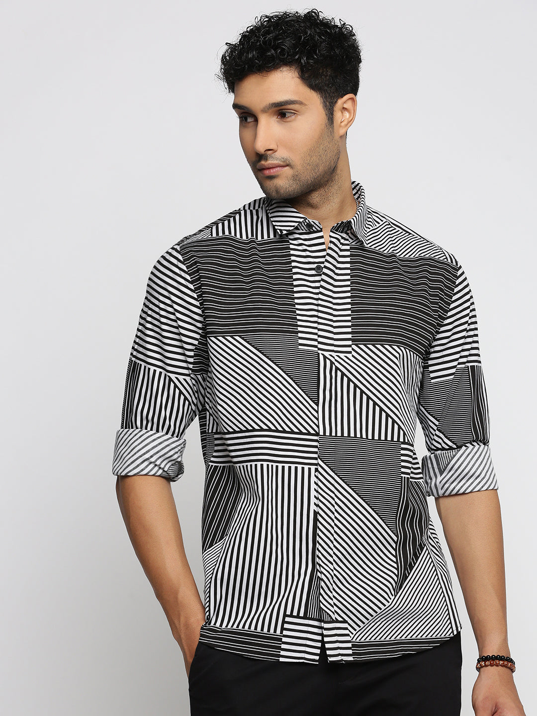 Men Black Spread Collar Multi Stripes Shirt