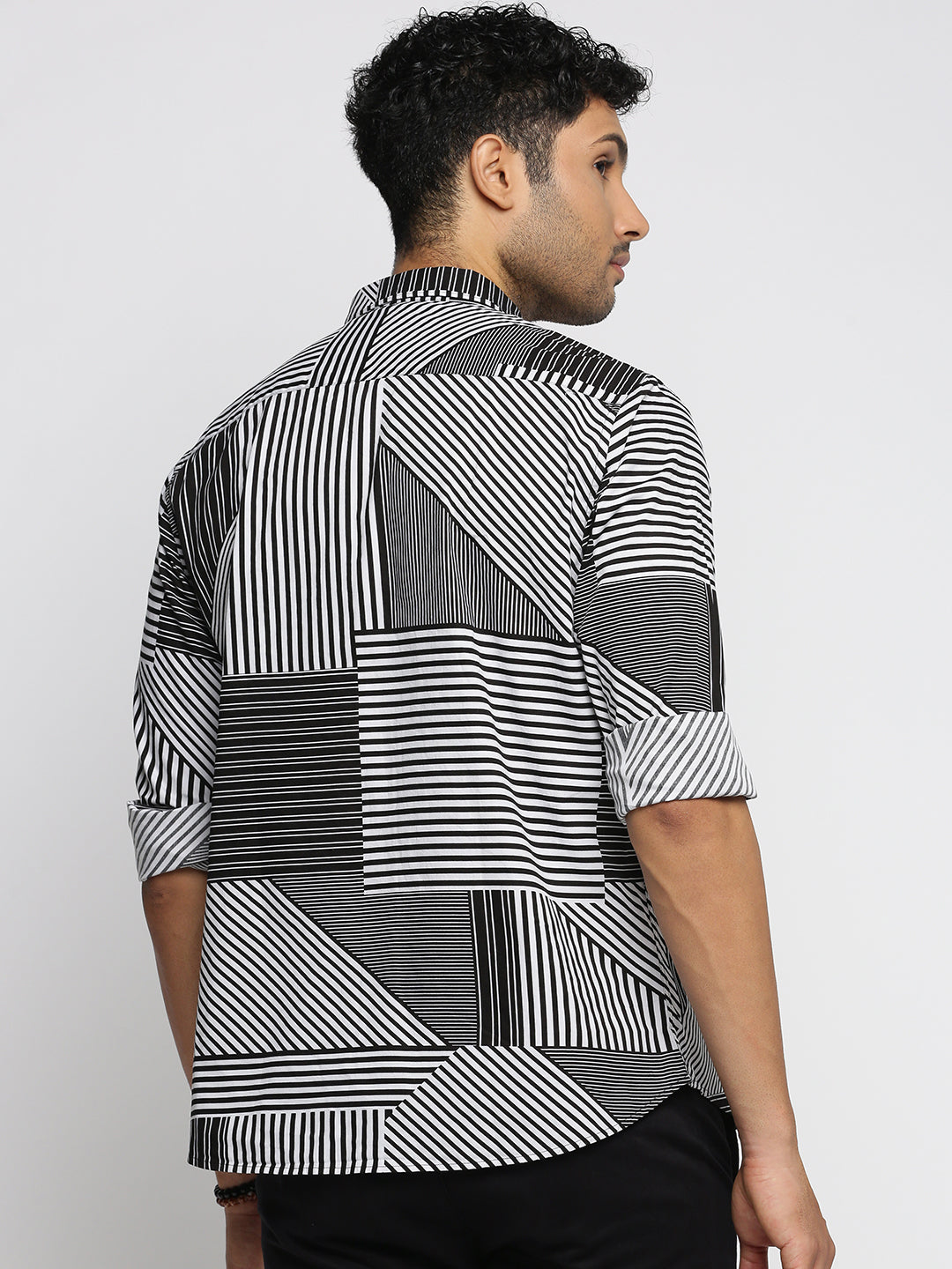 Men Black Spread Collar Multi Stripes Shirt