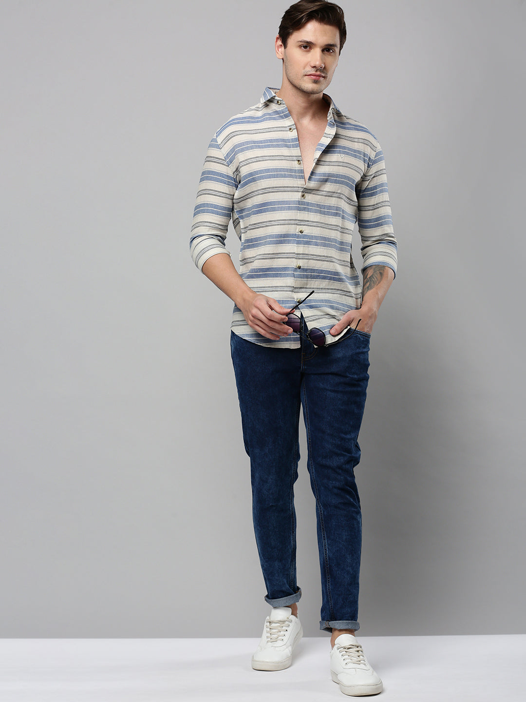 Men Beige Striped Casual Shirt