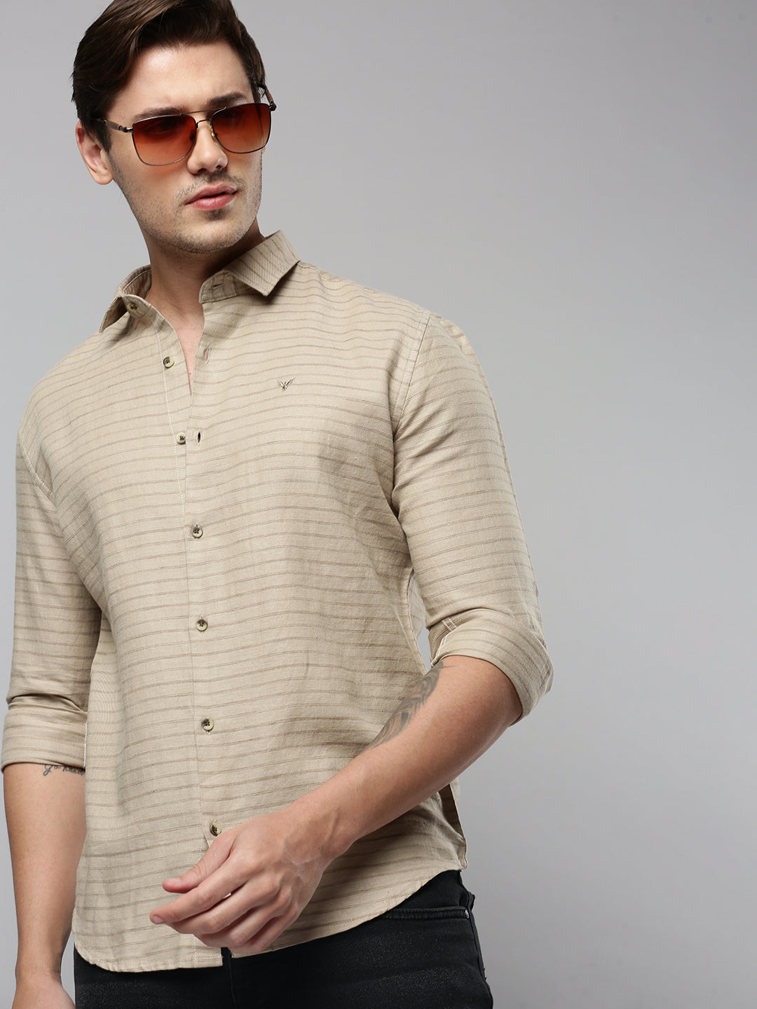 Men Tan Striped Casual Shirt