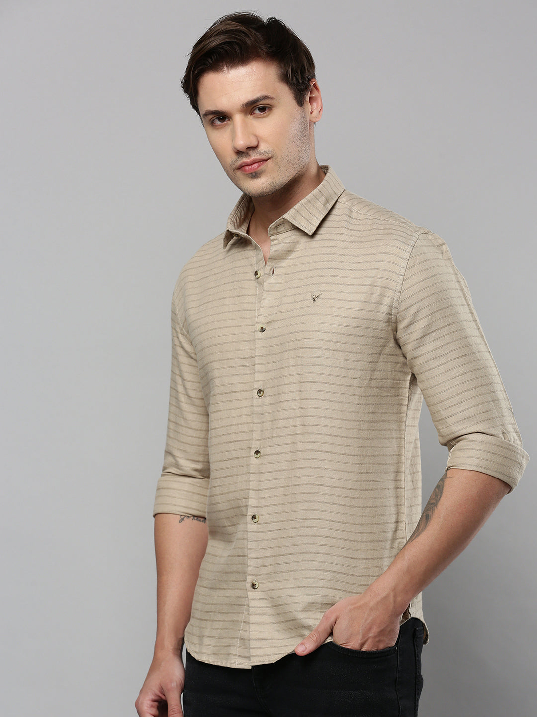 Men Tan Striped Casual Shirt