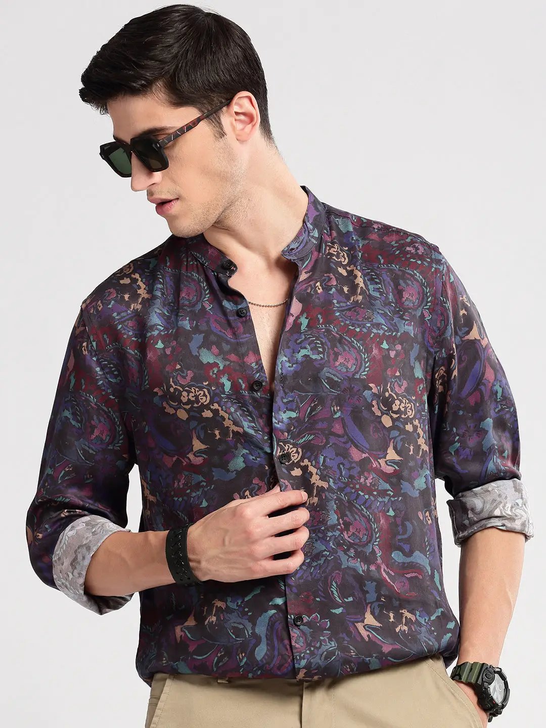 Men's Mandarin Collar Abstract Navy Blue Casual Shirt