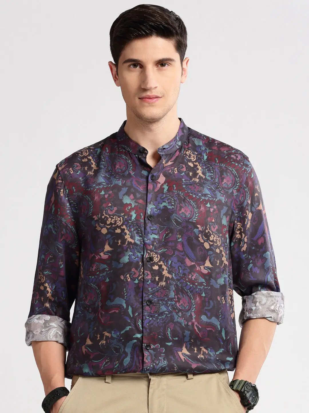 Men's Mandarin Collar Abstract Navy Blue Casual Shirt