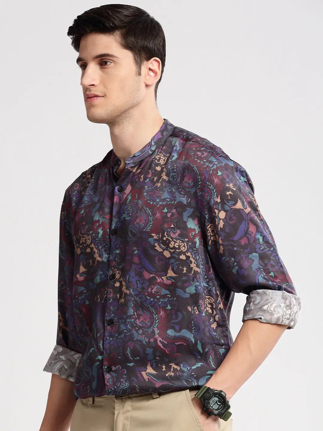 Men's Mandarin Collar Abstract Navy Blue Casual Shirt