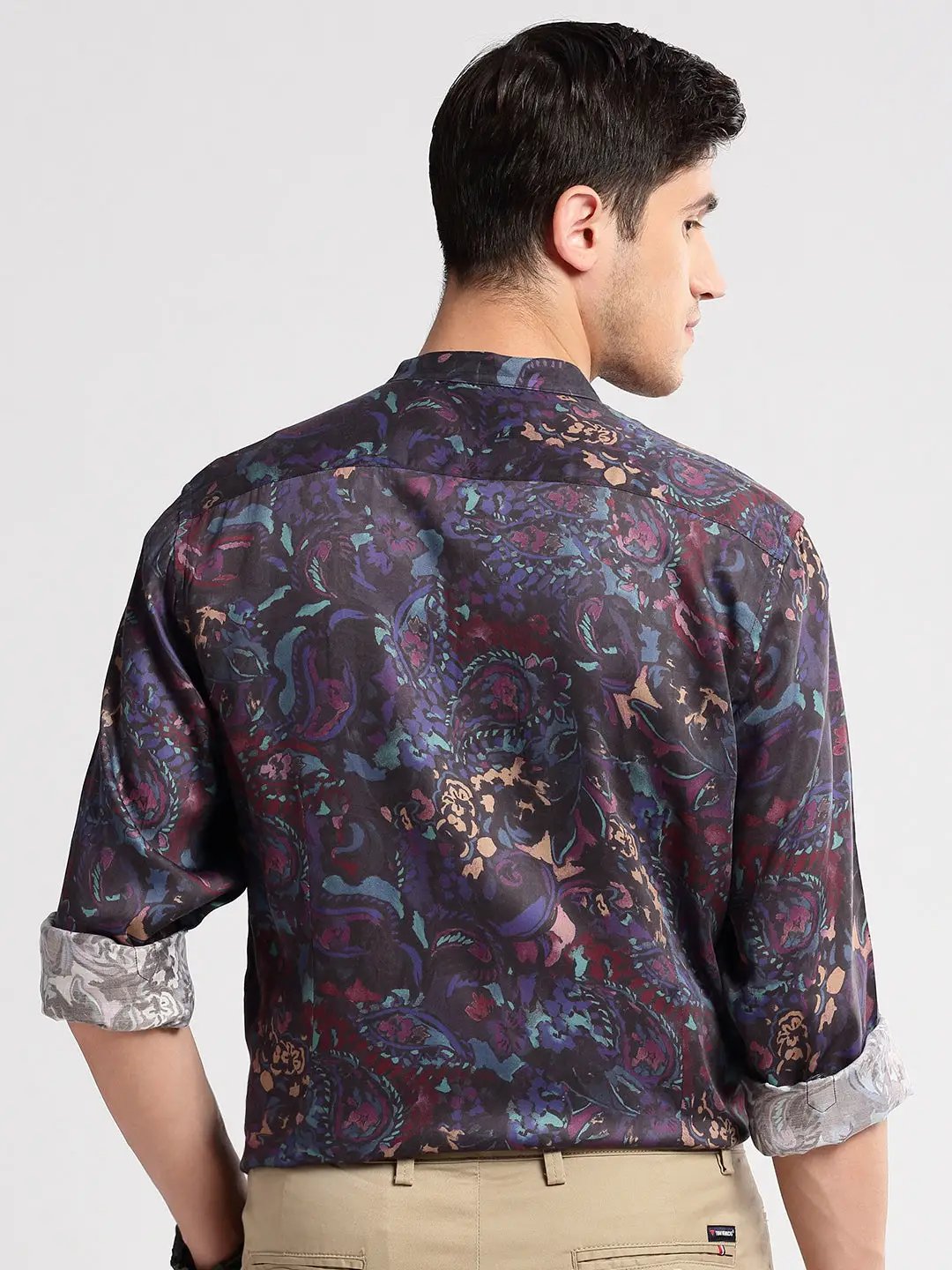 Men's Mandarin Collar Abstract Navy Blue Casual Shirt