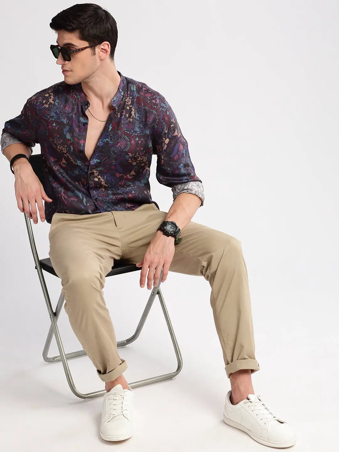 Men's Mandarin Collar Abstract Navy Blue Casual Shirt