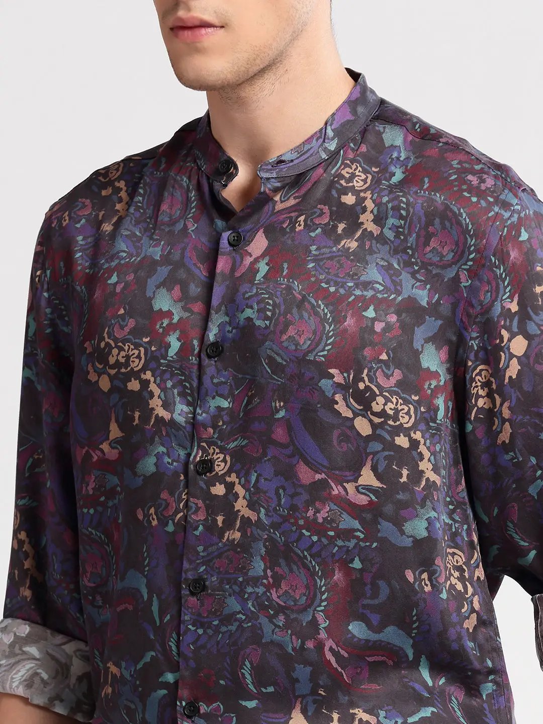 Men's Mandarin Collar Abstract Navy Blue Casual Shirt