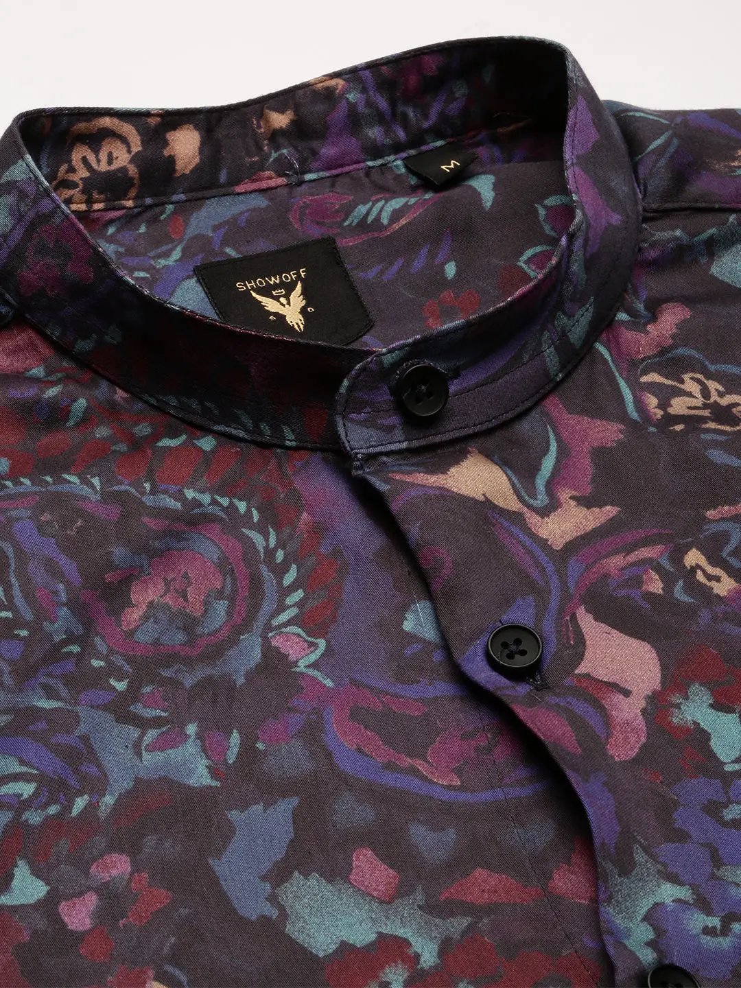 Men's Mandarin Collar Abstract Navy Blue Casual Shirt