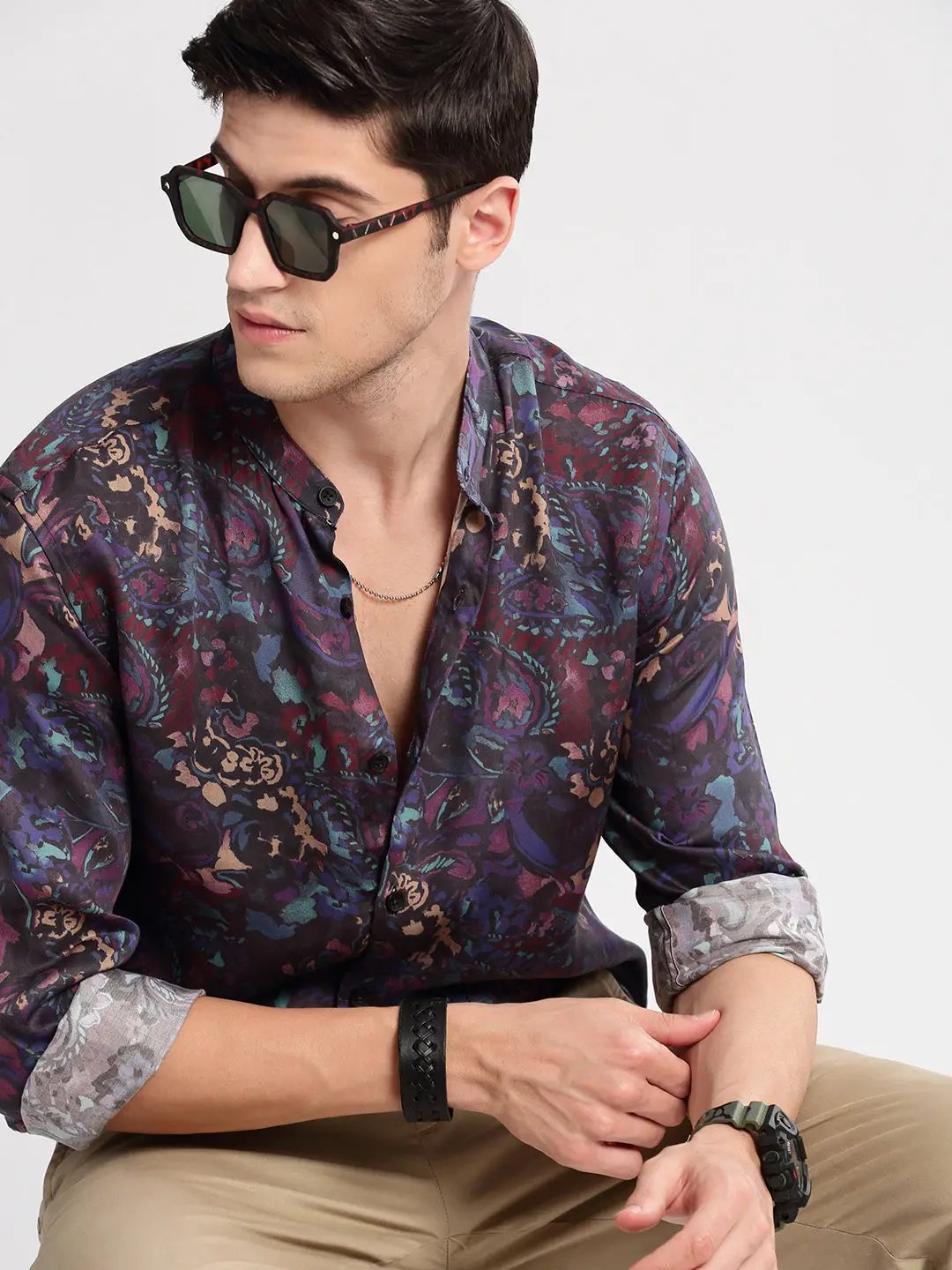 Men's Mandarin Collar Abstract Navy Blue Casual Shirt