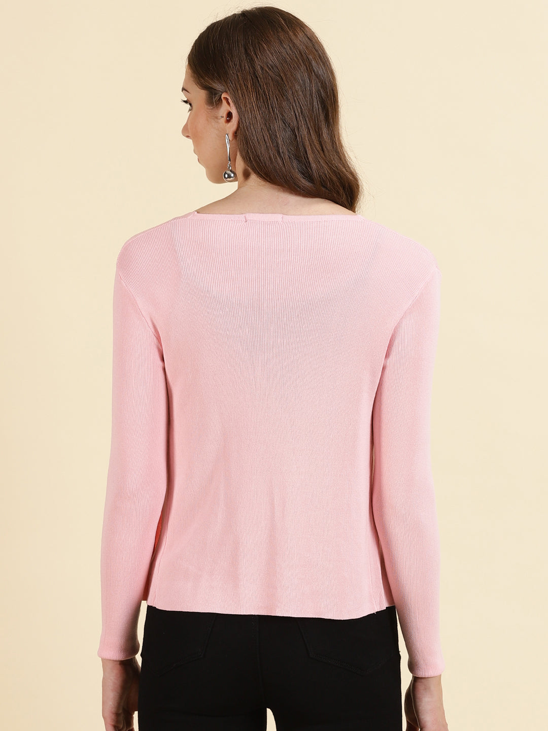 Women's Pink Solid Front-Open Sweater