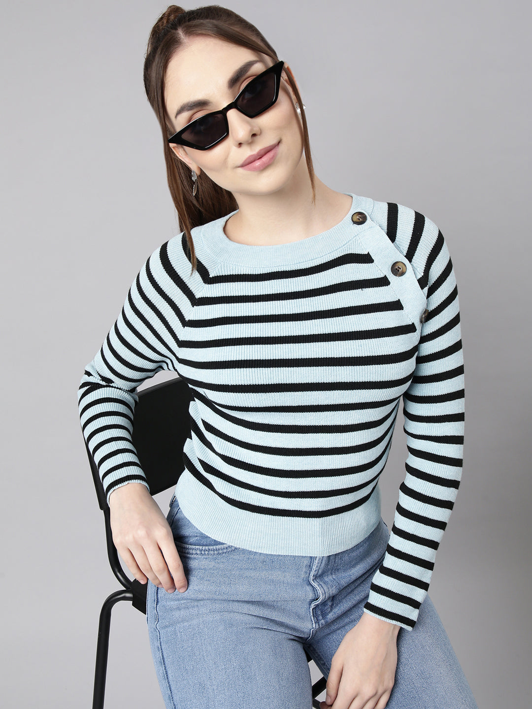 Women Turquoise Blue Horizontal Stripes Fitted Top