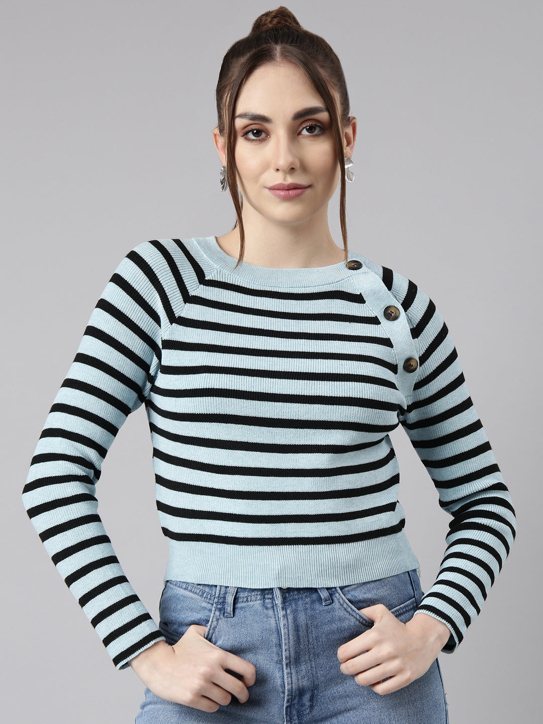 Women Turquoise Blue Horizontal Stripes Fitted Top