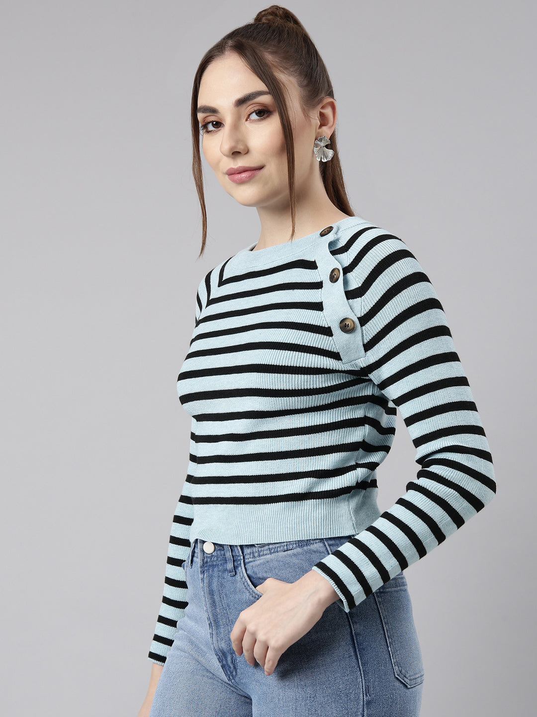 Women Turquoise Blue Horizontal Stripes Fitted Top