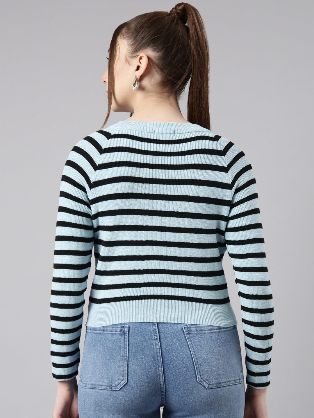 Women Turquoise Blue Horizontal Stripes Fitted Top