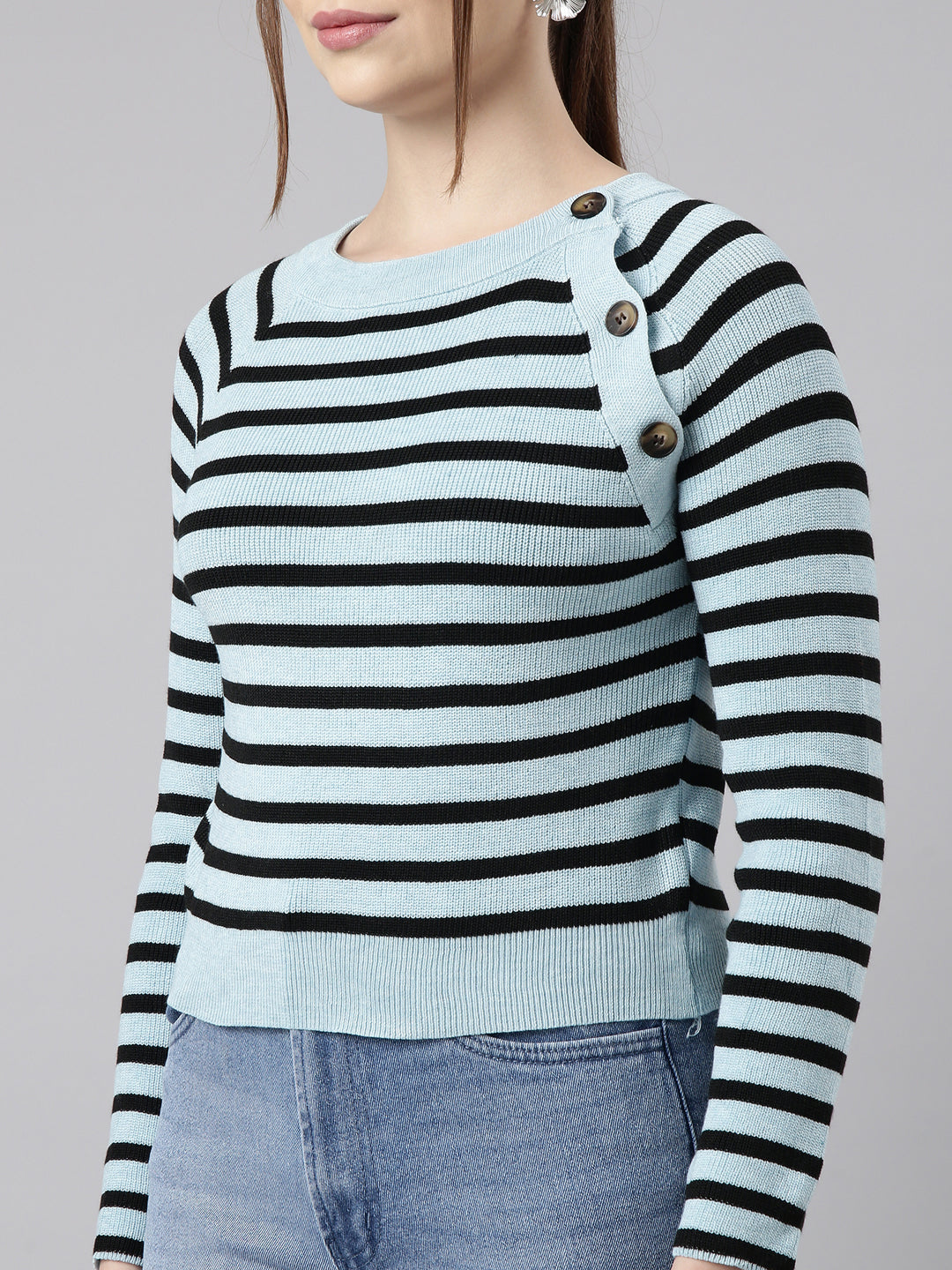 Women Turquoise Blue Horizontal Stripes Fitted Top