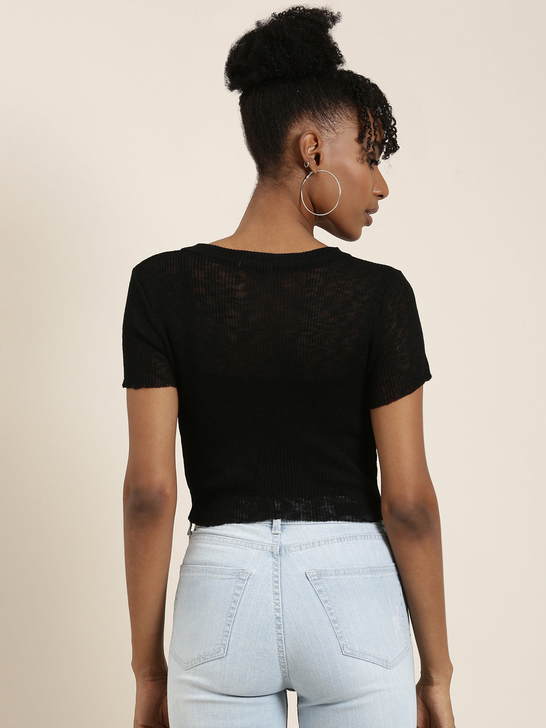Women's Black Round Neck Cotton Crop Top