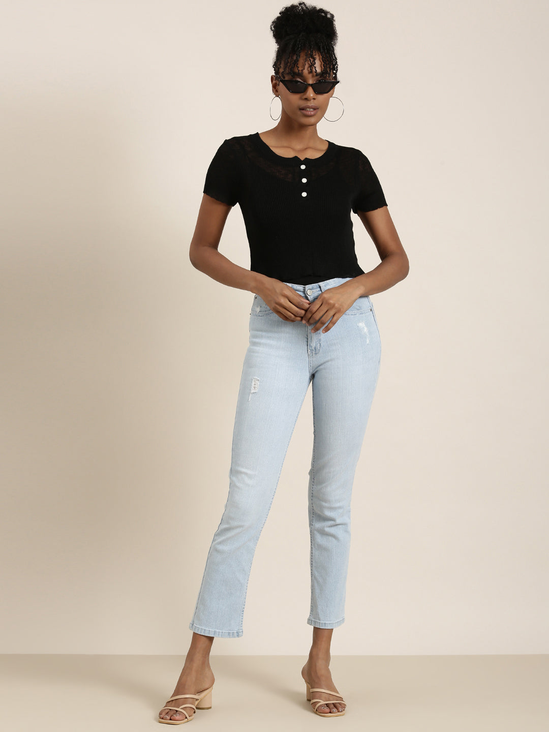 Women's Black Round Neck Cotton Crop Top