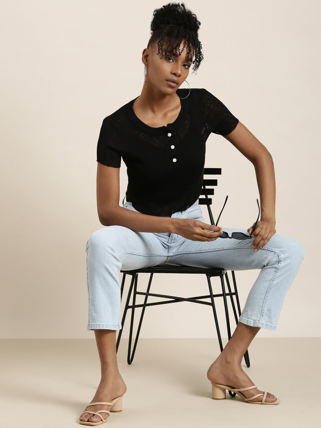 Women's Black Round Neck Cotton Crop Top