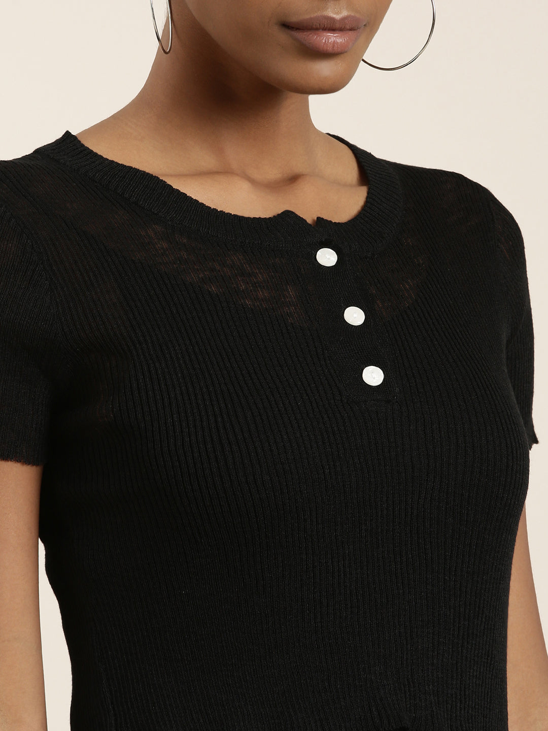 Women's Black Round Neck Cotton Crop Top