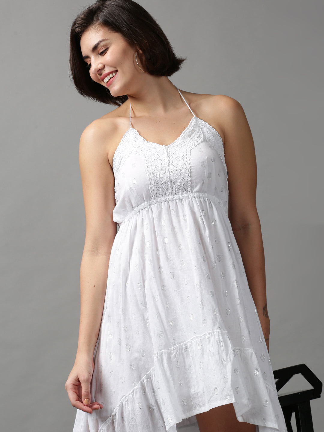 Women's White Solid Fit and Flare Dress