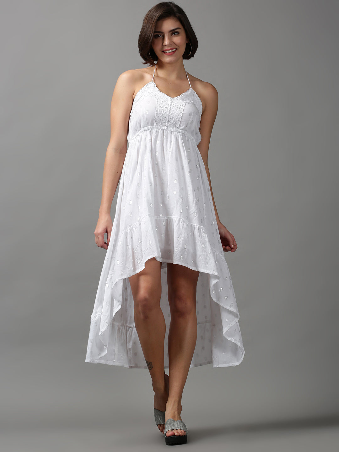 Women's White Solid Fit and Flare Dress